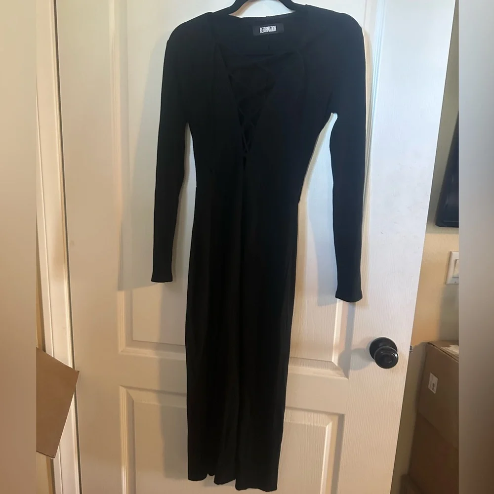Reformation “Edison” Ribbed Black Long Sleeve Dress w/Lace-Up Front Size S - Picture 1 of 3
